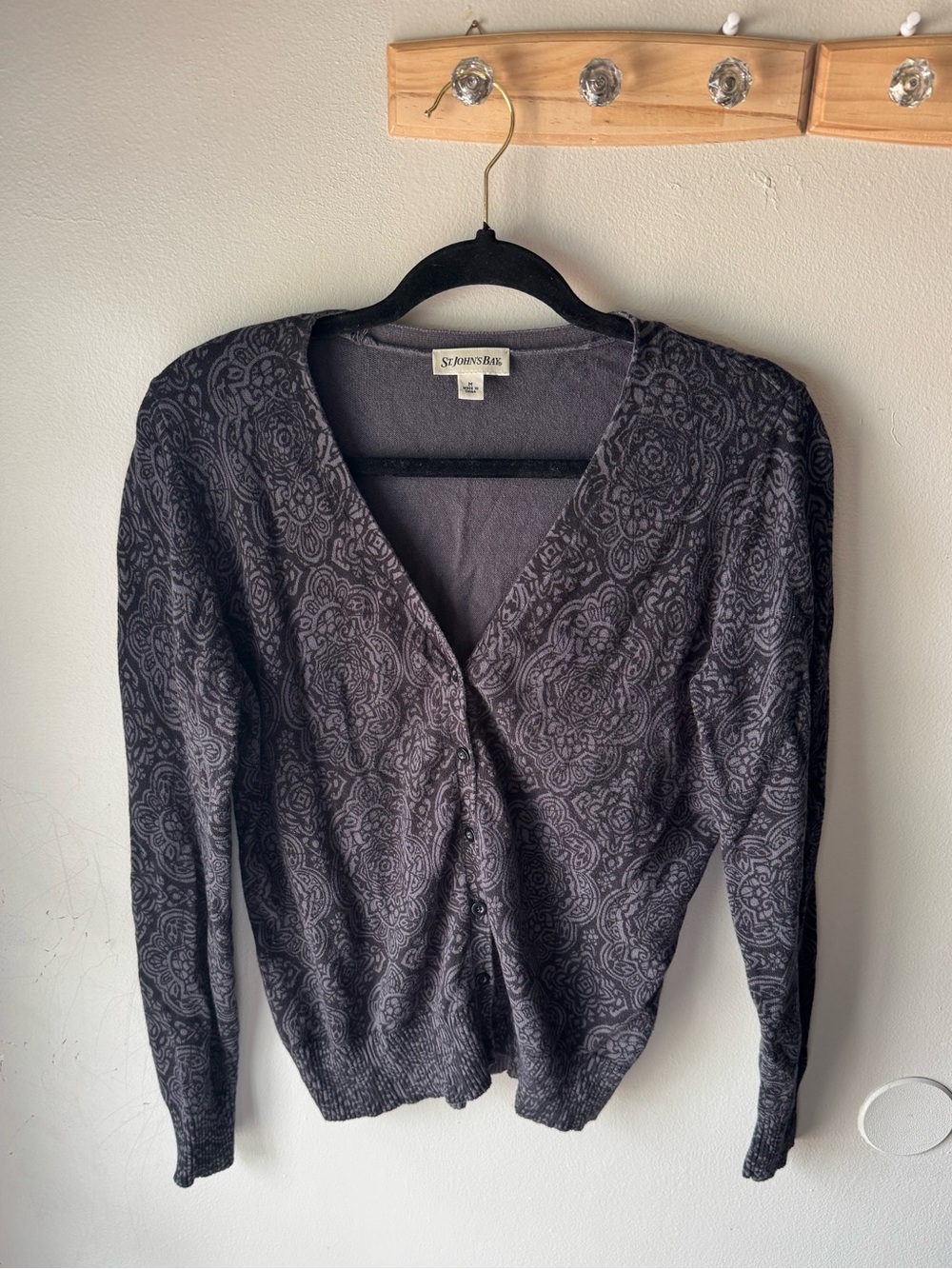 St. John's Bay Grey Charcoal Patterned Cotton Cardigan Sweater Size Medium